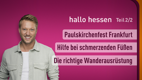 Moderator Jens Kölker sowie die Themen bei "hallo hessen" am 17.05.2023: Paulskirche Frankfurt, Hilfe bei schmerzenden Füßen, Die richtige Wanderausrüstung