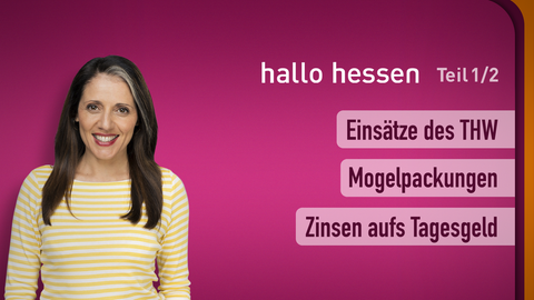 Moderatorin Selma Üsük sowie die Themen bei "hallo hessen" am 05.09.2023: Einsätze des THW, Mogelpackungen, Zinsen aufs Tagesgeld