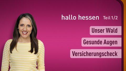 Moderatorin Selma Üsük sowie die Themen bei "hallo hessen" am 06.09.2023: Unser Wald, Gesunde Augen, Versicherungscheck