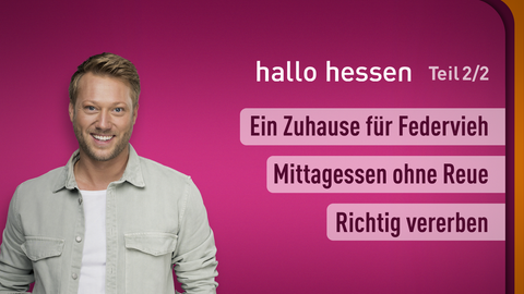 Moderator Jens Pflüger sowie die Themen bei "hallo hessen" am 12.09.2023: Ein Zuhause für Federvieh, Mittagessen ohne Reue, Richtig vererben