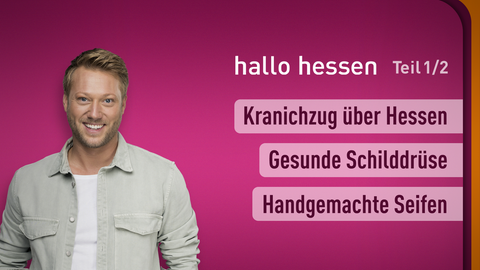 Moderator Jens Pflüger sowie die Themen bei "hallo hessen" am 15.11.2023: Kranichzug über Hessen, Gesunde Schilddrüse, Handgemachte Seifen