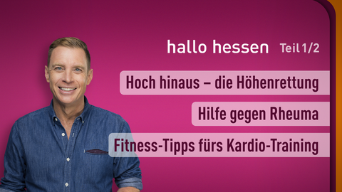 Moderator Jens Kölker sowie die Themen bei "hallo hessen" vom 22.11.2023: Hoch hinaus - die Höhenrettung, Hilfe gegen Rheuma, Fitness-Tipps fürs Kardio-Training