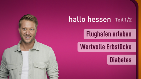 Moderator Pflüger sowie die Themen bei "hallo hessen" am 31.01.2024: Flughafen erleben, Wertvolle Erbstücke, Diabetes
