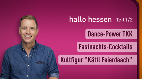 Moderator Jens Kölker sowie die Themen bei "hallo hessen" am 13.02.2024: Dance-Power TKK, Fastnachts-Cocktails, Kultfigur "Kättl Feierdaach"