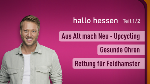 Moderator Jens Pflüger sowie die Themen bei "hallo hessen" am 17.04.2024: Aus Alt mach Neu - Umcycling, Gesunde Ohren, Rettung für Feldhamster