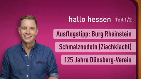 hallo hessen Moderator Jens Kölker mit den Themen vom 03.05.2024: Ausflugstipp: Burg Rheinstein, Schmalznudeln (Ziachkiachl), 125 Jahre Dünsberg-Verein