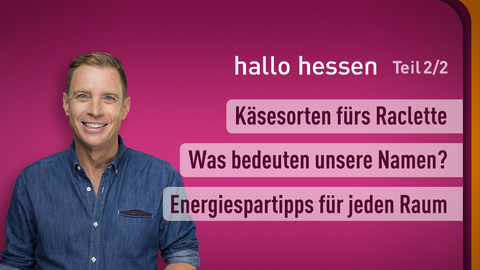 Moderator Jens Kölker sowie die Themen bei "hallo hessen" vom 21.11.2023: Käsesorten fürs Raclette, Was bedeuten unsere Namen?, Energiespartipps für jeden Raum