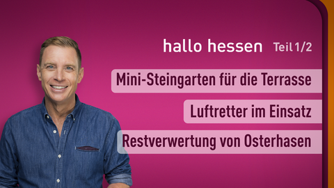 Moderator Jens Kölker sowie die Themen bei "hallo hessen" am 04.04.2024: Mini-Steingarten für die Terasse, Luftretter im Einsatz, Restverwertung von Osterhasen 