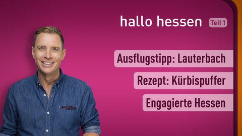Moderator Jens Kölker sowie die Themen bei "hallo hessen" am 04.11.2022: Ausflugstipp: Lauterbach, Rezept: Kürbispuffer, Engagierte Hessen