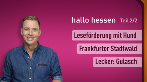 Moderator Jens Kölker sowie die Themen bei "hallo hessen" am 05.04.2024: Leseförderung mit Hund, Frankfurter Stadtwald, Lecker: Gulasch 
