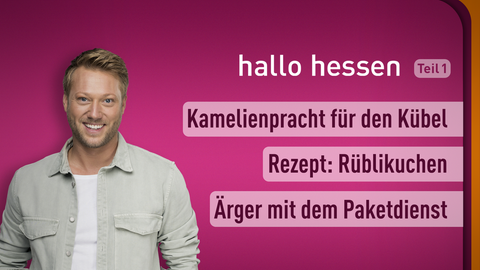 Moderator Jens Pflüger sowie die Themen bei "hallo hessen" am 09.03.2023: Kamelienpracht für den Kübel, Rezept: Rüblikuchen, Ärger mit dem Paketdienst, 