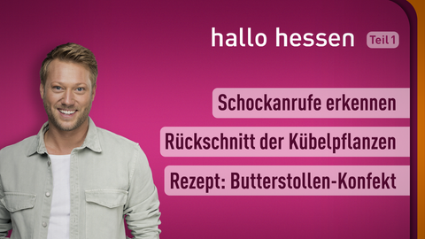 Moderator Jens Pflüger sowie die Themen bei "hallo hessen" am 10.11.2022: Schockanrufe erkennen, Rückschnitt der Kübelpflanzen, Rezept: Butterstollen-Konfekt