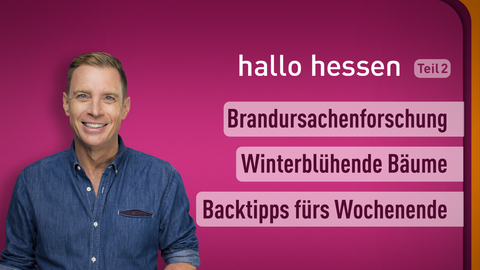 Moderator Jens Kölker sowie die Themen bei "hallo hessen" am 12.01.2023: Brandursachenforschung, Winterblühende Bäume, Backtipps für Wochenende 