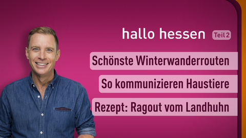 Moderator Jens Kölker sowie die "hallo hessen" am 13.01.2023: Schönste Winterwanderrouten, Signale unserer Haustiere, Rezept: Ragout vom Landhuhn 