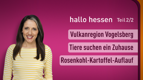 Moderatorin Selma Üsüsk sowie die Themen bei "hallo hessen" am 15.01.2024: Vulkanregion Vogelsberg, Tiere suchen ein Zuhause, Rosenkohl-Kartoffel-Auflauf
