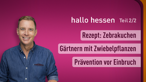 Moderator Jens Kölker sowie die Themen bei "hallo hessen" am 15.02.2024: Rezept: Zebrakuchen, Gärtnern mit Zwiebelpflanzen, Prävention vor Ehebruch