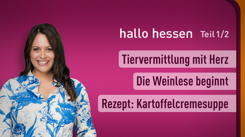 Moderatorin Leonie Koch sowie die Themen bei "hallo hessen" 18.09.2023: Tiervermittlung mit Herz, Die Weinlese beginnt, Rezept: Kartoffelcremesuppe 