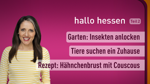 Moderatorin Selma Üsük sowie die Themen bei "hallo hessen" am 20.03.2023: Garten: Insekten anlocken, Tiere suchen ein Zuhause, Rezept: Hähnchenbrust mit Couscous