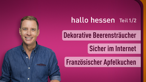 Moderator Jens Kölker sowie die Themen bei "hallo hessen" am 28.09.2023: Dekorative Beerensträucher, Sicher im Internet, Französischer Apfelkuchen