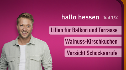 Moderator Jens Pflüger sowie die Themen bei "hallo hessen" am 29.06.2023: Lilien für Balkon und Terasse, Walnuss-Kirschkuchen, Vorsicht Schockanrufe