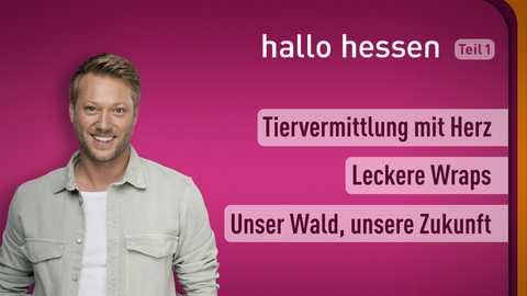 Moderator Jens Pflüger sowie die Themen bei "Hallo Hessen" am 25.04.2022: Tiervermittlung mit Herz, Leckere Wraps, Unser Wald, unsere Zukunft