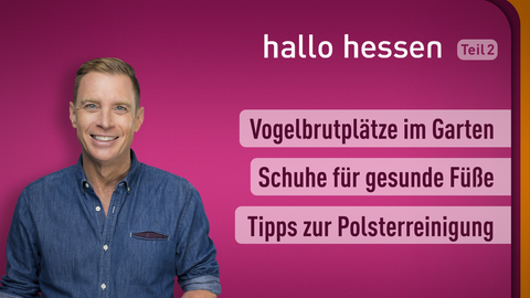 Moderator Jens Kölker sowie die Themen bei "Hallo Hessen" am 16.02.2022: Vogelbrutplätze im Garten, Schuhe für gesunde Füße, Tipps zur Polsterreinigung