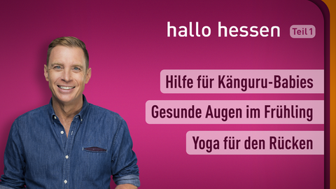 Moderator Jens Kölker sowie die Themen bei "hallo hessen" am 20.04.2022: Hilfe für Känguru-Babies, Gesunde Augen im Frühling, Yoga für den Rücken