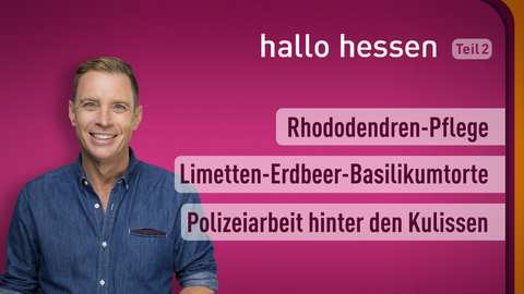 Moderator Jens Kölker sowie die Themen bei "hallo hessen" am 12.05.2022: Rhododendren-Pflege, Limetten-Erdbeer-Basilikumtorte, Polizeiarbeit hinter den Kulissen