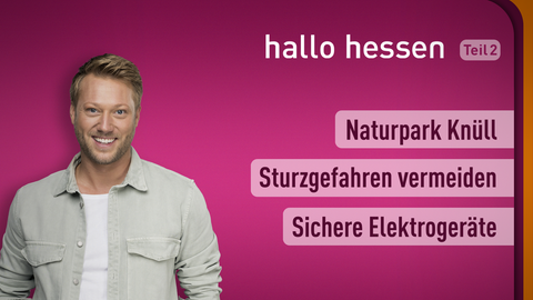 Moderator Jens Pflüger sowie die Themen bei "hallo hessen" am 18.05.2022 : Naturpark Knüll, Sturzgefahren vermeiden, Sichere Elektrogeräte