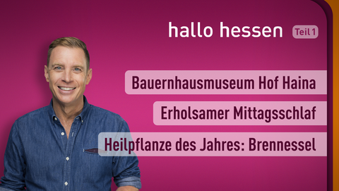 Moderator Jens Kölker sowie die Themen bei "hallo hessen" am 21.06.2022: Bauernhausmuseum Hof Haina, Erholsamer Mittagsschlaf, Heilpflanze des Jahres: Brennessel