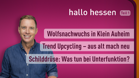 Moderator Jens Kölker sowie die Themen bei "hallo hessen" am 29.06.2022: Wolfsnachwuchs in Klein Auheim, Trend Upcycling – aus alt mach neu, Schilddrüse: Was tun bei Unterfunktion?