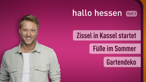 Moderator Jens Pflüger sowie die Themen bei "hallo hessen" am 27.07.2022: Zissel in Kassel startet, Füße im Sommer, Gartendeko