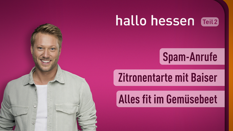 Moderator Jens Pflüger sowie die Themen bei "hallo hessen" am 28.07.2022: Spam-Anrufe, Zitrotentarte mit Baiser, Alles fit im Gemüsebeet