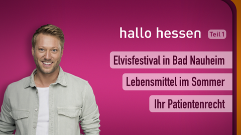 Moderator Jens Pflüger sowie die Themen am 09.08.2022 bei "hallo hessen": Elvisfestival in Bad Nauheim, Lebensmittel im Sommer, Ihr Patientenrecht