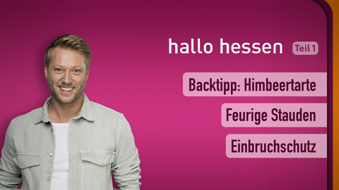 Moderator Jens Pflüger sowie die Themen am 11.08.2022 bei "hallo hessen": Backtipp: Himbeertarte, Feurige Stauden, Einbruchschutz