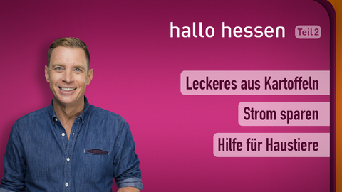 Moderator Jens Kölker sowie die Themen bei "hallo hessen" am 20.09.2022: Leckeres aus Kartoffeln, Strom sparen, Hilfe für Haustiere