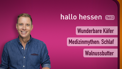 Moderator Jens Kölker sowie die Themen bei "hallo hessen" am 21.09.2022: Wunderbare Käfer, Medizinmythen: Schlaf, Walnussbutter