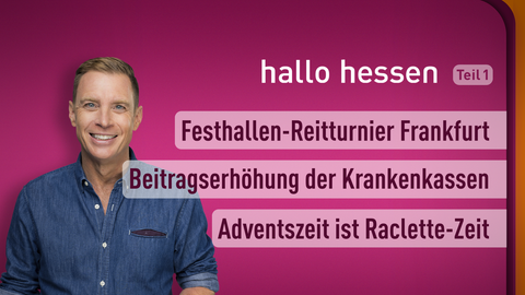 Moderator Jens Kölker sowie die Themen bei "hallo hessen" am 13.12.2022: Festhallen-Reitturnier Frankfurt, Beitragserhöhung der Krankenkassen, Adventszeit ist Raclette-Zeit