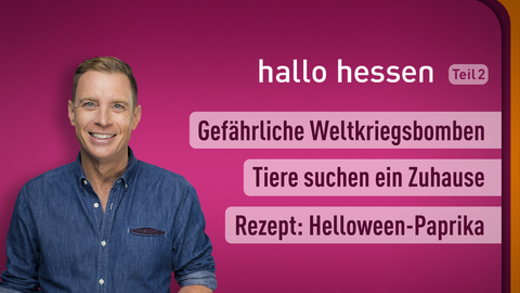 Moderator Jens Kölker sowie Themen bei "hallo hessen" am 31.10.2022: Gefährliche Weltkriegsbomben, Tiere suchen ein Zuhause, Rezept: Halloween-Paprika