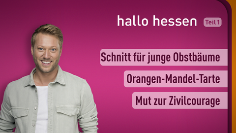 Moderator Jens Pflüger sowie die Themen bei "Hallo Hessen" am 27.01.2022: Schnitt für junge Obstbäume, Orangen-Mandel-Tarte, Mut zur Zivilcourage
