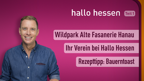 Moderator Jens Kölker sowie die Themen bei "Hallo Hessen" am 14.01.2022: Wildpark Alte Fasanerie Hanau, Ihr Verein bei Hallo Hessen, Rezepttipp: Bauerntoast