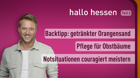 Moderator Jens Pflüger sowie die Themen bei "Hallo Hessen" am 27.01.2022: Backtipp: getränkter Orangensand, Pflege für Obstbäume, Notsituationen couragiert meistern