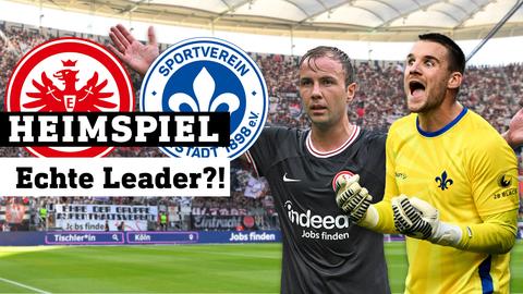 Marcel Schuhen (SV Darmstadt 98) gibt Anweisungen und gestikuliert, Mario Götze (Eintracht Frankfurt) hebt die Arme in die Luft. Im Hintergrund: Fans von Eintracht Frankfurt in der neuen Nordwesttribüne. (Collage) Logos: Eintracht Frankfurt und SV Darmstadt / Text: Heimspiel - Echte Leader?