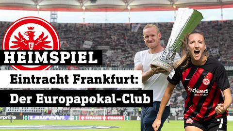 Im Hintergrund das Frankfurter Stadion, vorne Sebastian Rode mit EL-Pokal und Lara Prasnikar (Collage).