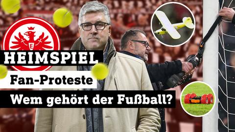 Mann im Mantel, dahinter Fußballfans. Text: Fan-Proteste: Wem gehört der Fußball?