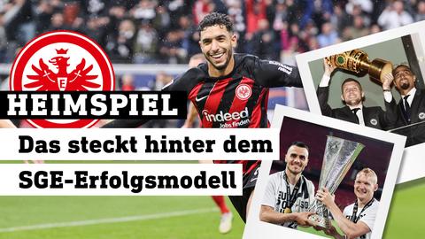 Links Eintracht-Stürmer Omar Marmoush, rechts daneben Ante Rebic und Kevin-Prince Boateng nach dem Gewinn des DFB-Pokals und Filip Kostic sowie Seppl Rode nach dem Triumph in der Europa League. 