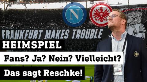 Eintracht-Vorstandsmitglied Philipp Reschke schaut in die Luft, im Hintergrund ein Banner mit der Aufschrift: Frankfurt makes trouble. 