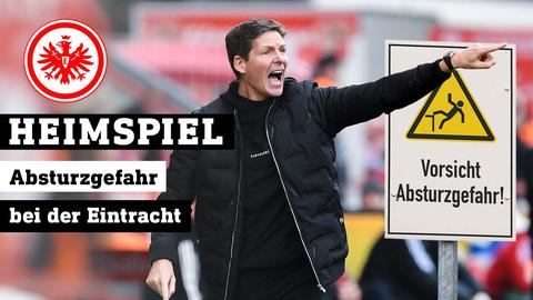 Eintracht-Trainer Oliver Glasner wild gestikulierend, rechts ein Schild mit der Aufschrift "Vorsicht, Absturzgefahr" (Collage). 