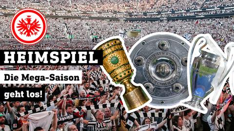 Jubelnde Eintracht-Fans im Stadion. Davor DFB- und Champions-League-Pokal sowie die Meisterschale plus das Eintracht-Logo. Text: Heimspiel: Die Mega-Saison geht los! 