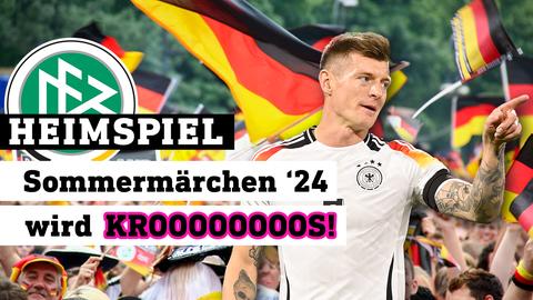 Toni Kroos, Kapitän der deutschen Nationalmannschaft, gibt den Ton an, im Hintergrund ein Meer aus Deutschlandfahnen und Fans (Collage). Text: Sommermärchen '24 wird KROOOOOOS.  